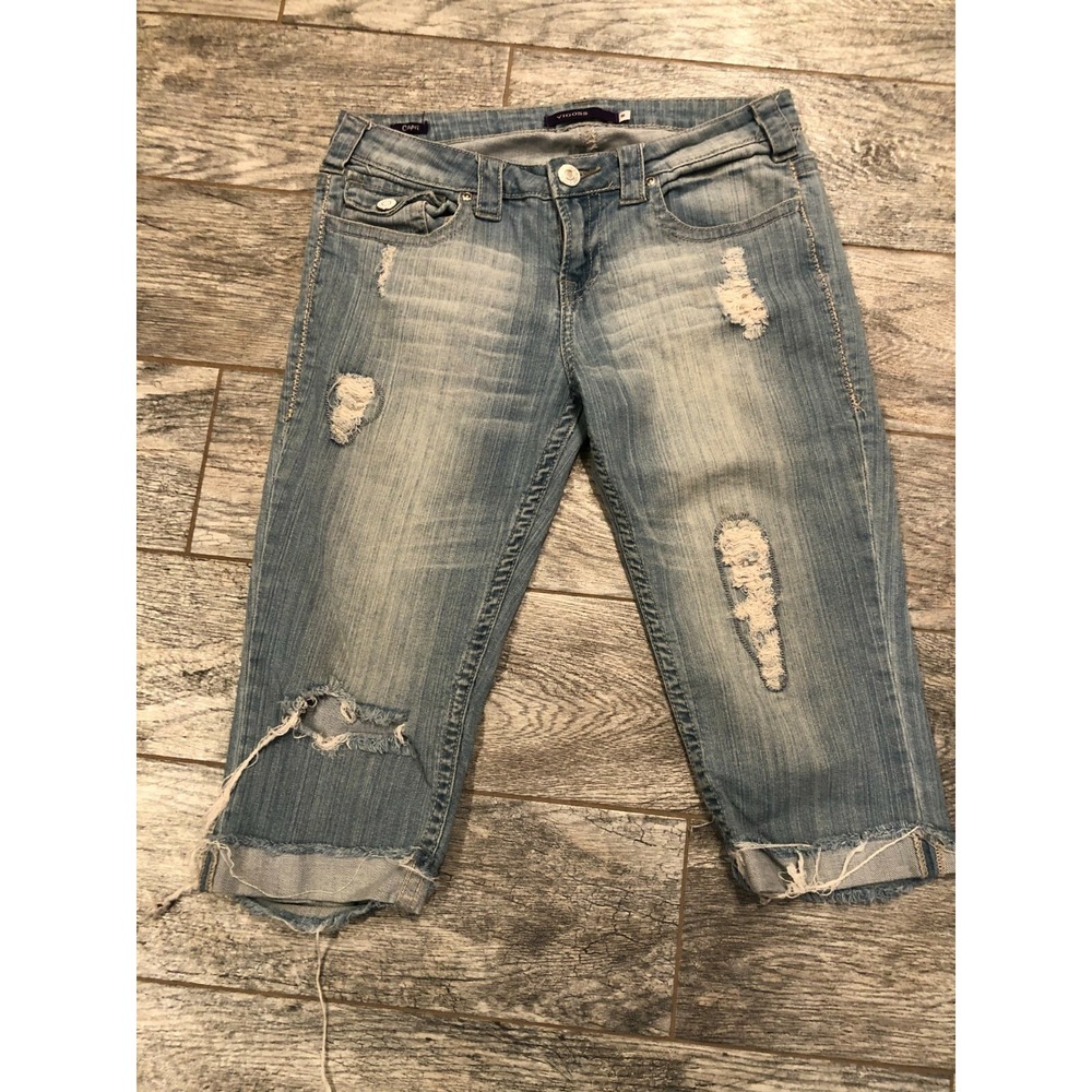 Vigoss‎ Denim Jeans 5 Junior Back Flap Pockets Distressed Crop Capri Boho Hippie
